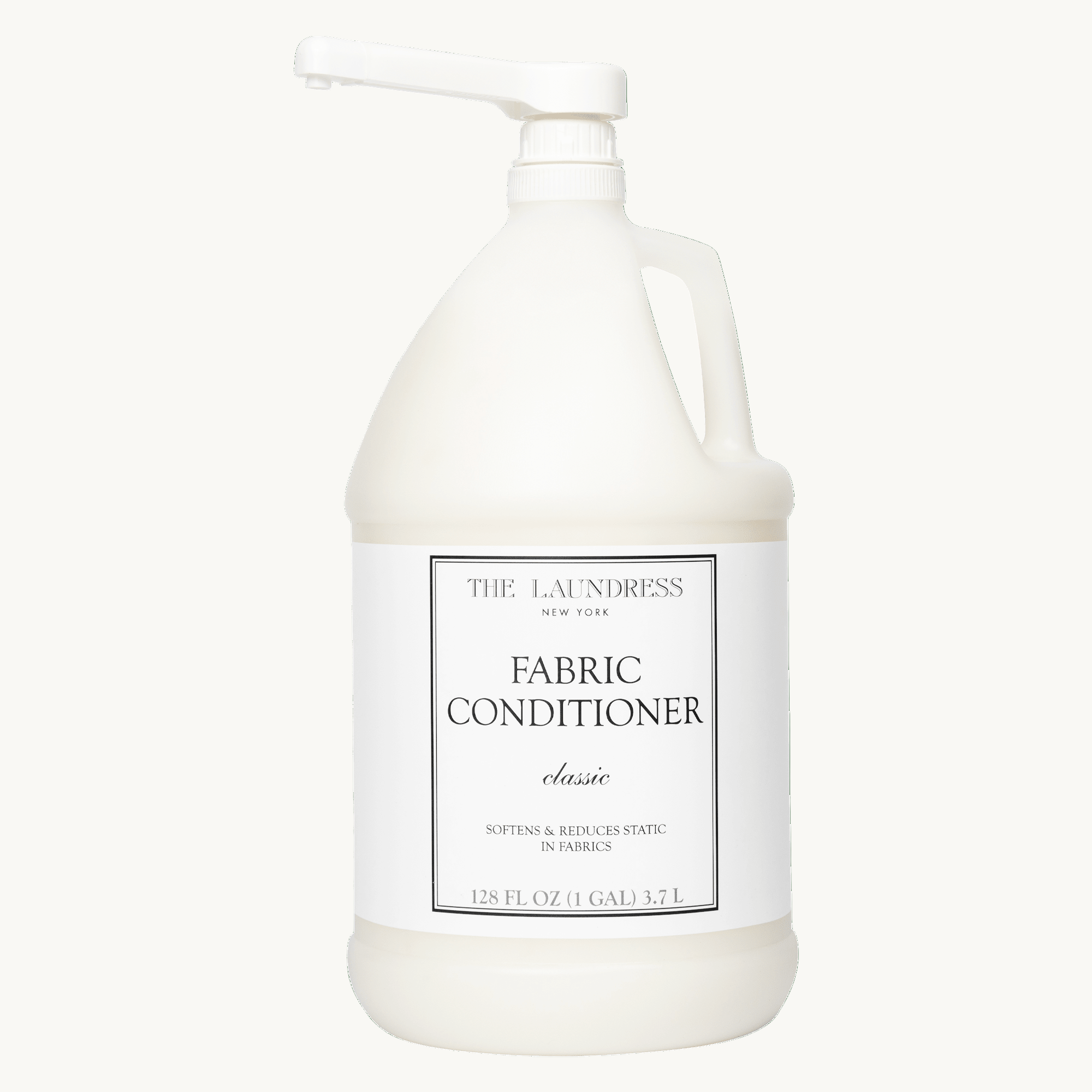 The Laundress Fabric Conditioner for softening and reducing static in fabrics in the gallon size with a pump dispenser for easy dosing.