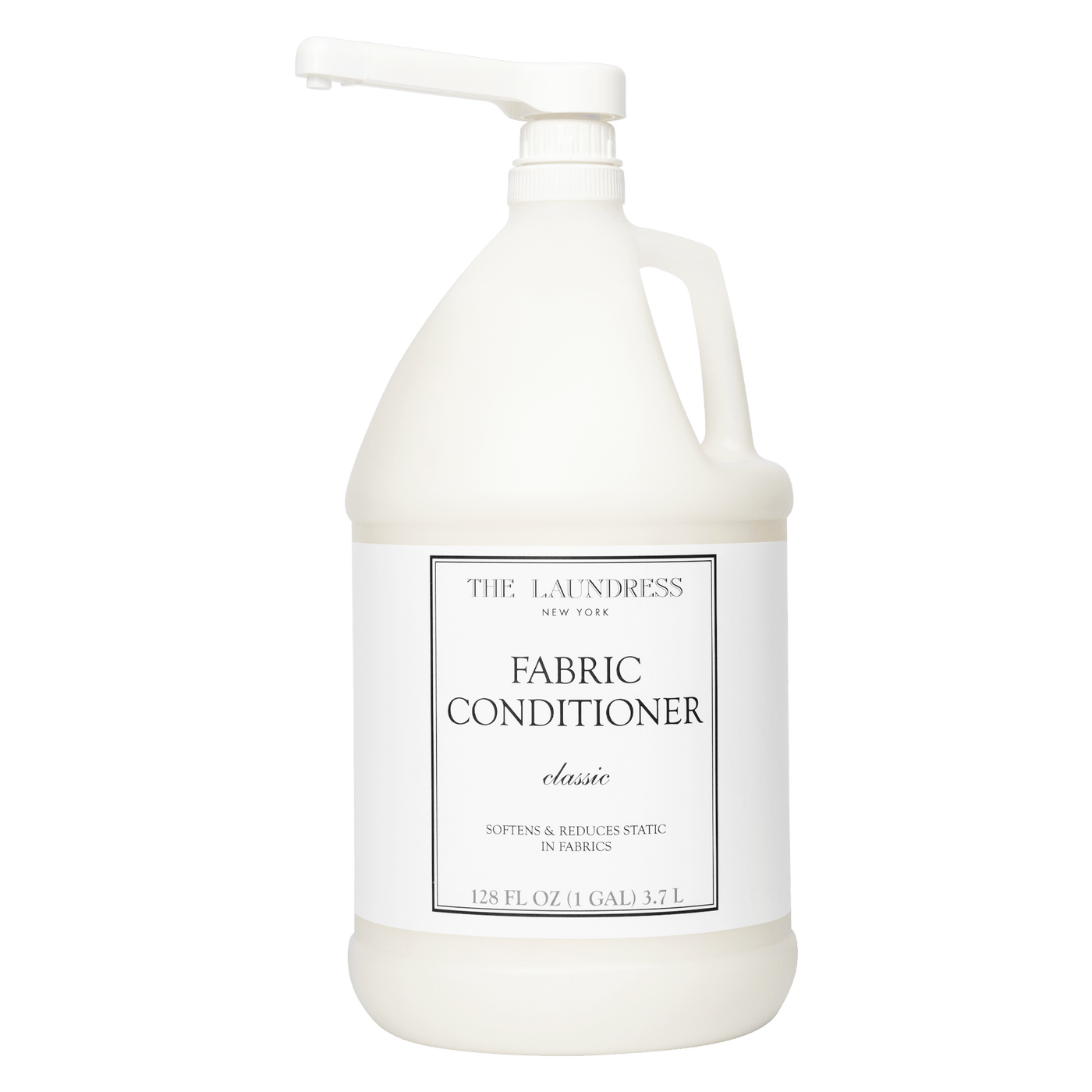 The Laundress Fabric Conditioner for softening and reducing static in fabrics in the gallon size with a pump dispenser for easy dosing.